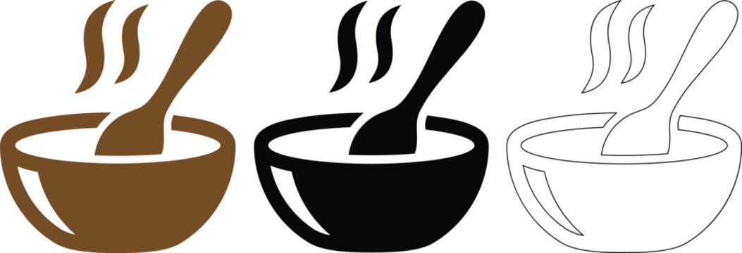 Hot soup bowl vector illustration with steam and spoon in various colored artistic styles.