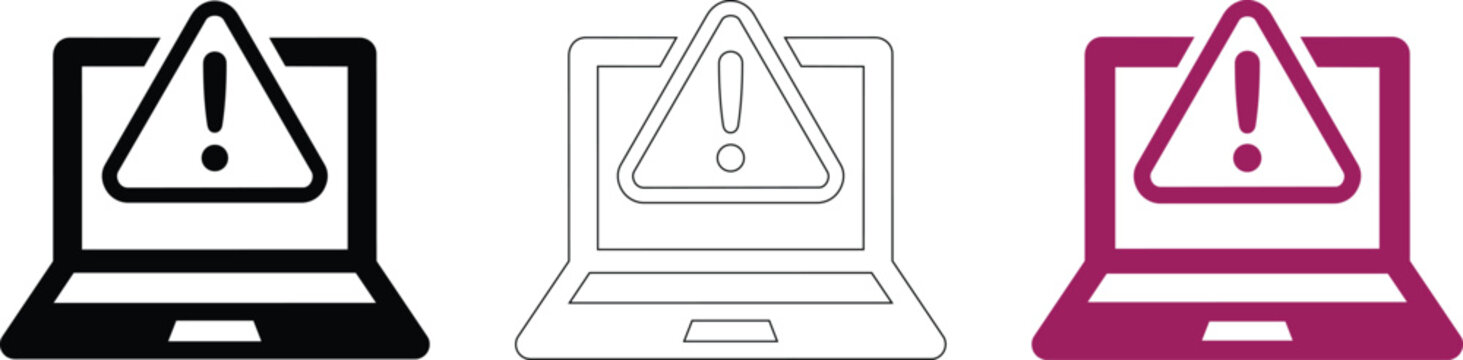 Laptop computer with warning alert vector illustration for technical error and security.