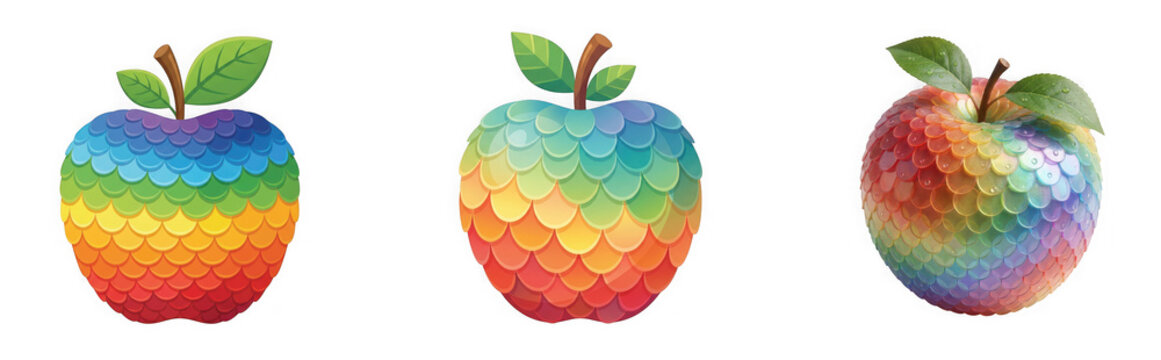 Rainbow colored apples with stylized textures colorful artistic stylized isolated on transparent background