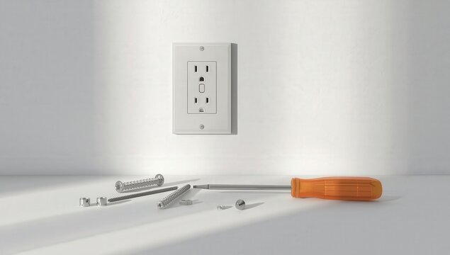 White electrical outlet with plug adapter and cable on a wall representing home energy and technology