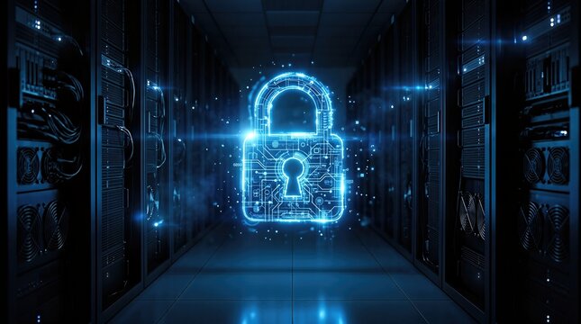 Cybersecurity padlock glowing in a dark server room hallway with digital light