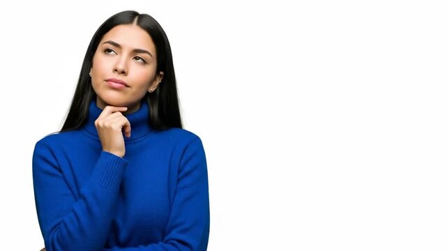 Thoughtful woman in blue sweater contemplating with chin resting on hand
