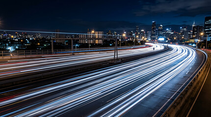 Obraz premium Abstract light trails from car headlights and taillights on a highway at night, symbolizing speed and motion