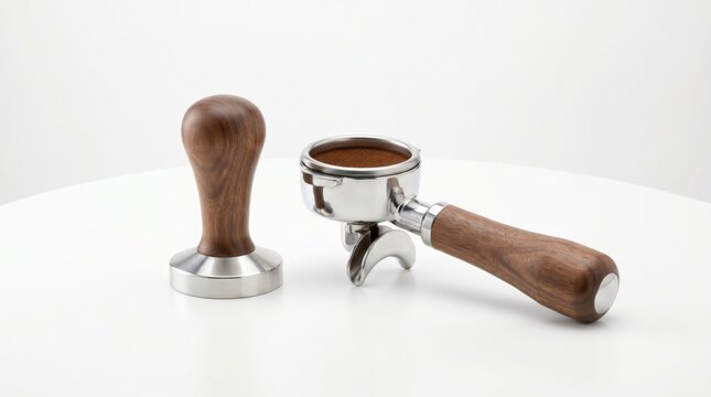 Coffee tamper and portafilter on table.
