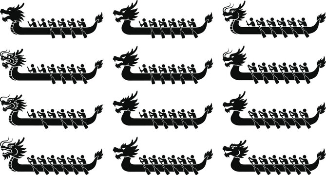 Black dragon boat silhouettes with rowers racing on a transparent background.