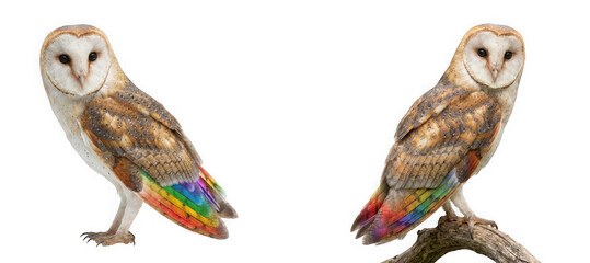 Fototapeta premium Barn owls with rainbow colored tail feathers isolated on transparent background