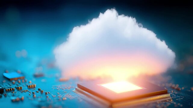 Digital Cloud Computing and Circuit Board: A stylized cloud floats above a glowing central processing unit (CPU) on a detailed circuit board, representing cloud technology and data processing.