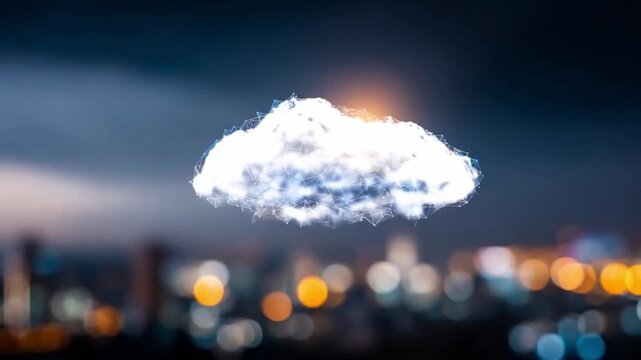 Cloud Computing Symbolism: A luminous cloud floats serenely above a softly blurred cityscape, symbolizing the boundless possibilities of technology and data.