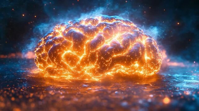 The Spark of Genius: A glowing, electric brain pulsating with vibrant orange energy and surrounded by ethereal blue mist, representing the boundless power of thought and creativity.