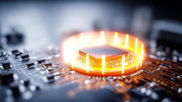 Glowing CPU Core: A microchip processor radiates intense heat and energy on a complex circuit board, symbolizing advanced technology and innovation.