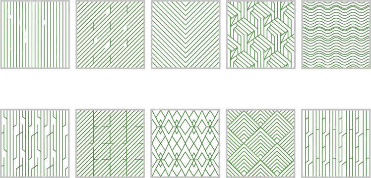 Collection of ten seamless patterns featuring green and white geometric designs on gray background.