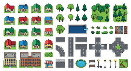 Fototapeta premium City Building Blocks And Landscape Elements Vector Illustration