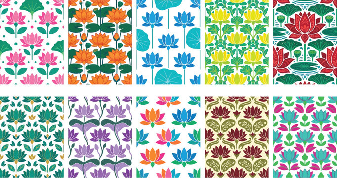 Vibrant set of ten seamless lotus flower patterns in various colors and styles for textile and decor.