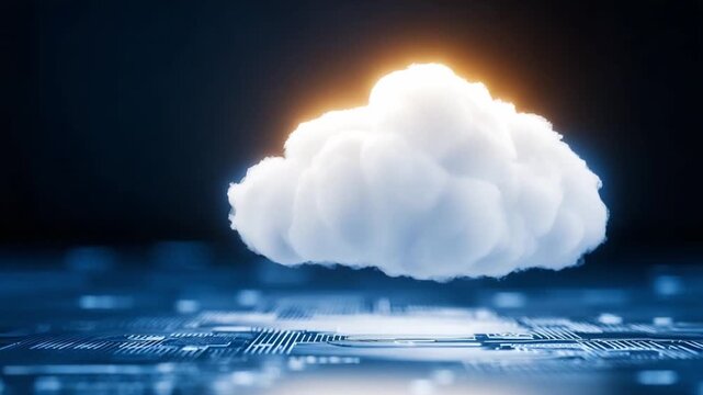 Digital Cloud Computing: A luminous, fluffy cloud glows with an inner light, hovering above a futuristic circuit board, symbolizing the power and interconnectedness of cloud technology.