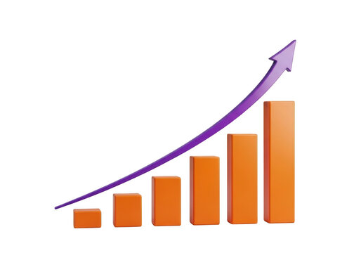 Purple arrow graph showing growth with orange bars isolated on transparent background