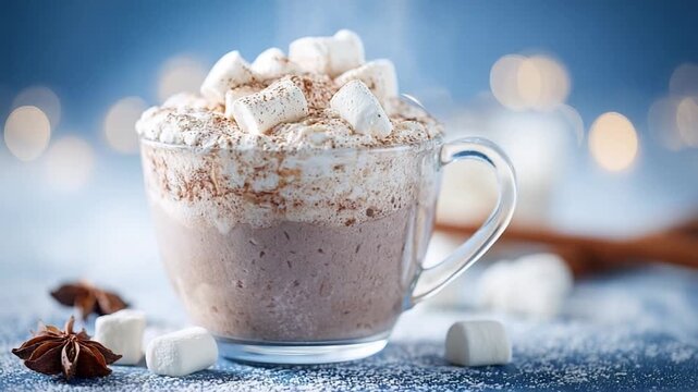 Hot Chocolate Delight: A warm mug of rich hot chocolate topped with fluffy marshmallows and a dusting of cinnamon.