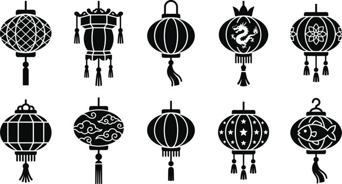 Chinese lanterns silhouette set for traditional holiday celebration icons isolated on transparent background.