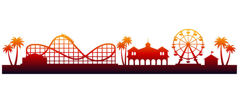Santa Cruz Beach Boardwalk skyline silhouette with roller coaster, Ferris wheel, and palm trees. California amusement park sunset vector illustration.