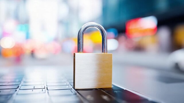 Padlock on Laptop Keyboard: A close-up shot of a metal padlock secured on a laptop keyboard, with a blurred city lights background symbolizing digital security and data protection.