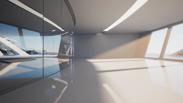 Spacious futuristic white room interior featuring a large curved glass wall, polished reflective floor, slanted panoramic windows, and minimalist architectural lines with soft lighting.