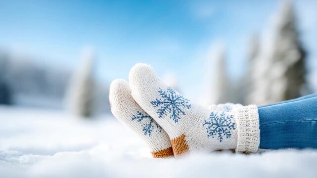 Cozy Winter Retreat: A pair of feet adorned with snowflake-patterned mittens rests in the soft, glistening snow, surrounded by a serene winter landscape.