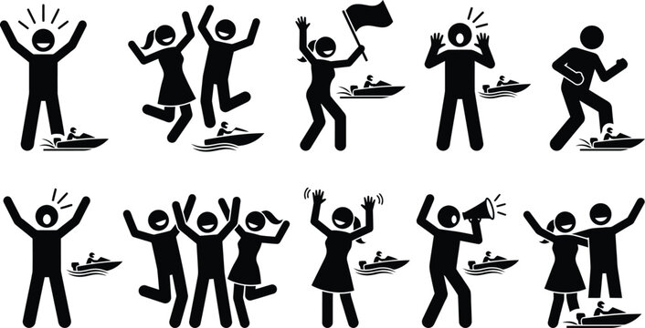 People cheering for dragon boat racing, solid icon vector illustrations, collection of pictogram silhouette boat race fans.
