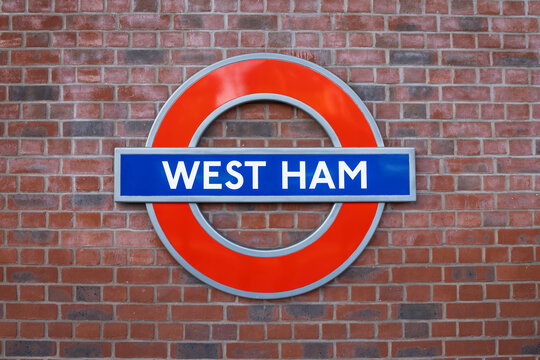 London Underground roundel sign at West Ham station. London, UK, 17 December 2023