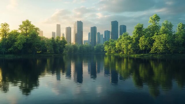 Urban Oasis Reflection: A serene lake mirrors a cluster of modern skyscrapers, framed by lush green trees, creating a harmonious blend of nature and city life under a soft, diffused sky.