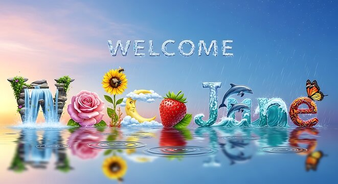 Colorful welcome sign with tropical beach and parrot decorations.