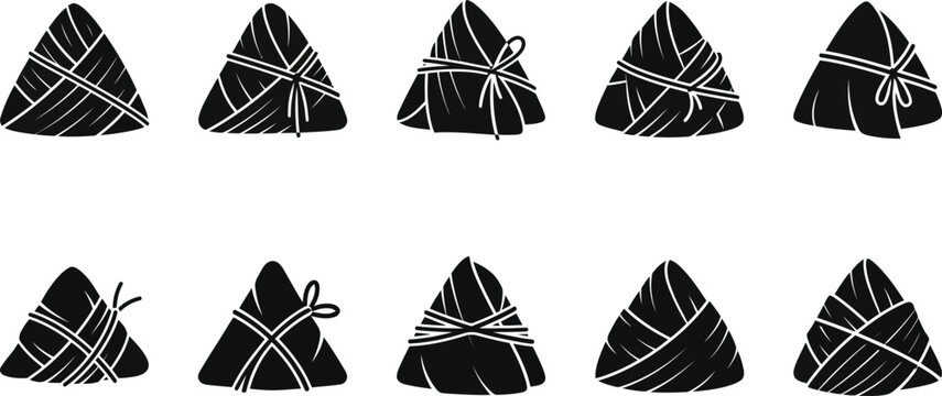 Collection of traditional chinese sticky rice dumplings zongzi, wrapped in various leaf styles.