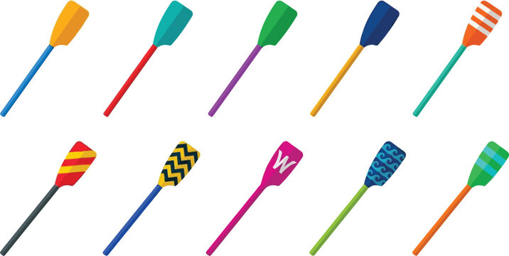 Colorful rowing oars and paddles flat vector set.