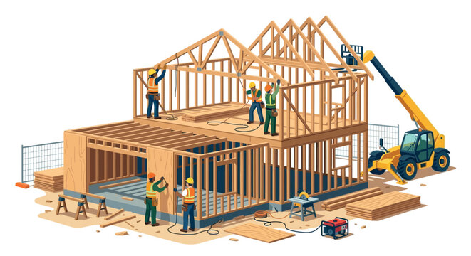 House construction framing with workers and machinery vector illustration
