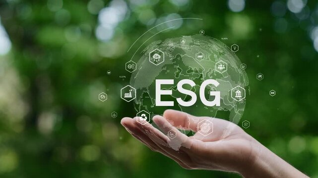 Hand holding earth and ESG icon for Environment Social and Governance to Sustainable environment concept. ethical business and esg strategy for investing