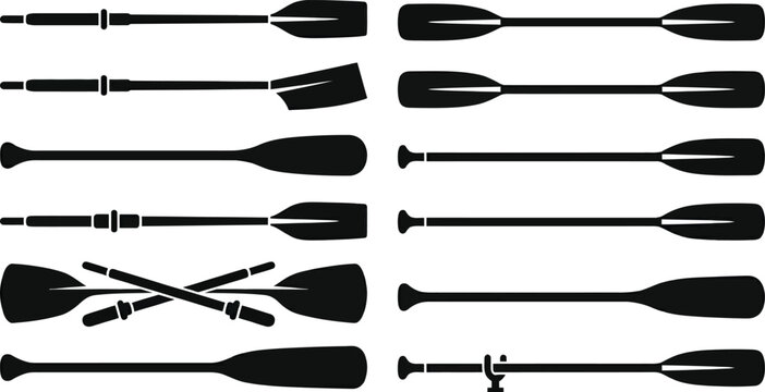 Collection of different black oar and paddle silhouettes for water sports.