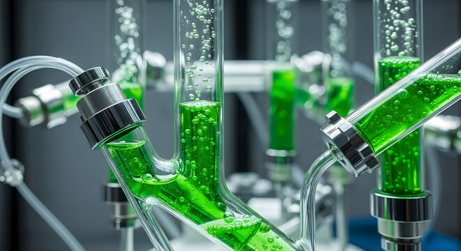 Algae Biofuel Reactor Tubes with Microalgae in High Tech Laboratory for Sustainable Energy Concept