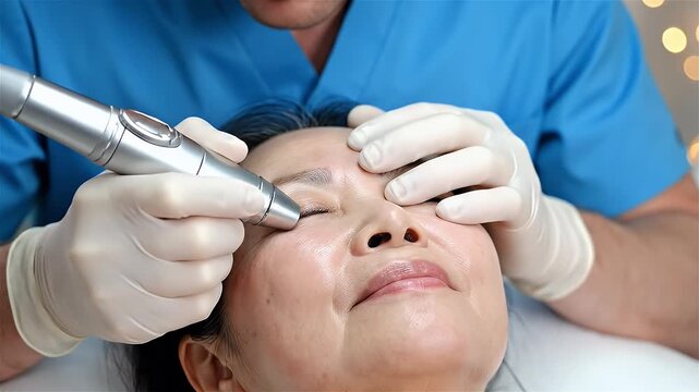 A close up portrait shows a beautiful aged woman receiving a treatment. A professional beautician uses a dermapen for microneedling on her face.
