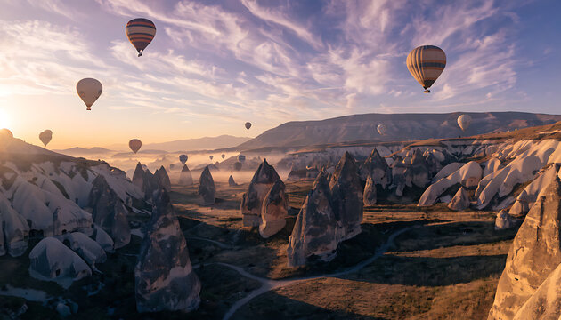 Hot air balloons floating above Cappadocia at sunrise, dreamy sky colors, cinematic landscape, realistic shadows, peaceful atmosphere, ultra detailed travel photography