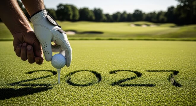 Golfer Places Ball on Tee Next to 2027 Year Marker on Green.
