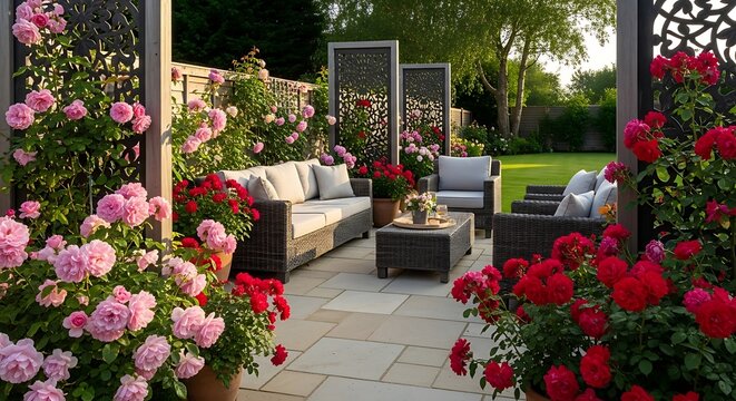 A beautiful outdoor patio with modern furniture surrounded by vibrant pink and red rose bushes and decorative screens.