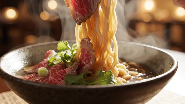 Steaming bowl of noodles with meat and greens for appetizing food commercials and menu design