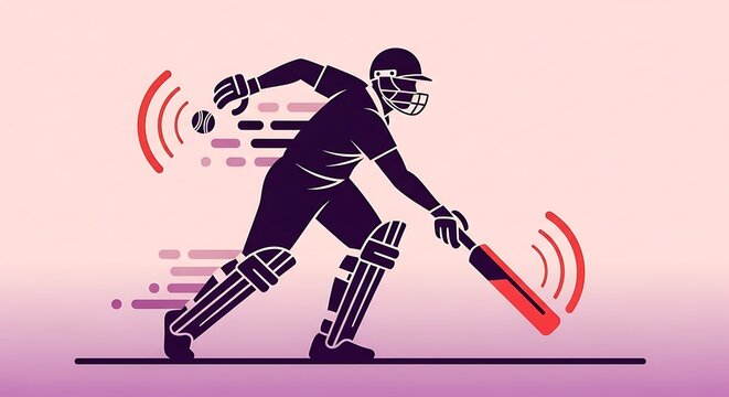 Silhouette of a cricket player batting with a red bat and ball, motion blur effect, against a gradient background