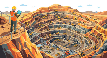 Open pit mine illustration with construction vehicles and a supervising worker © SHANTI