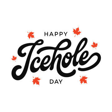 Happy icehole day greeting with maple leaves