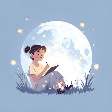 Mia & Jon's Night Adventure #8 - Girl Writing in Notebook Under Full Moon and Stars, Children's Watercolor Illustration

