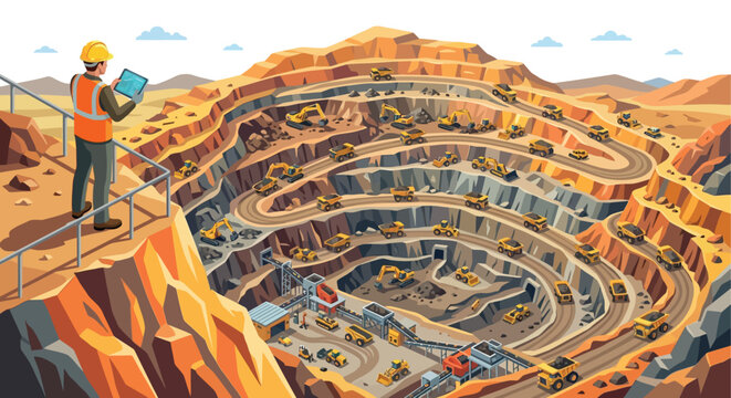 Open pit mine illustration with construction vehicles and a supervising worker