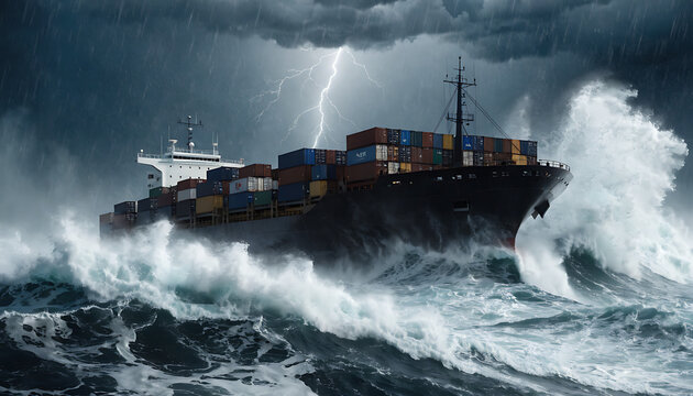 Massive cargo ship in stormy ocean under dark dramatic clouds, lightning in sky, cinematic maritime scene, ultra realistic water textures, detailed shipping containers