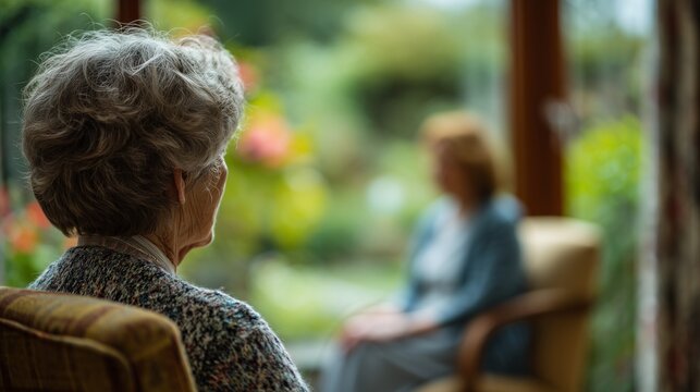 Elderly woman seated indoors looking toward caregiver in a bright garden view, conveying companionship and assisted living house care support.