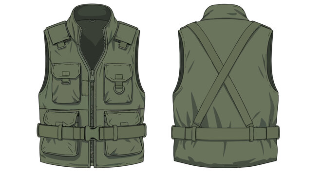 Front and back view of an olive green tactical utility vest with multiple pockets for fishing hunting and outdoor activities illustration