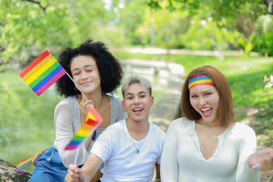 Group photograph depicting the joyful expression and acceptance transgender and Asian men and women holding pride flags symbol LGBTQ rights and smiling brightly while sitting with friends in a park.
