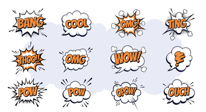 Extensive collection of colorful comic book speech bubbles with popular action texts like wow bang and pow for dynamic graphic storytelling.
